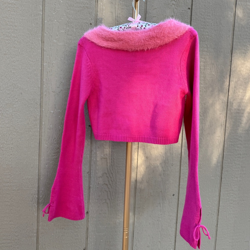 Y2K Pink Fuzzy Trim Cropped Cardigan - Picture 4 of 5